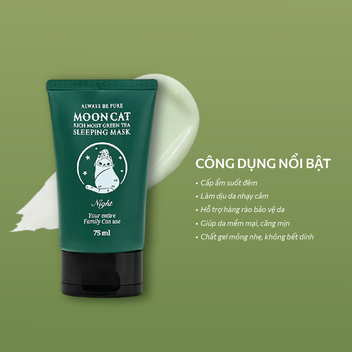 Mặt nạ ngủ dưỡng ẩm làm sáng da trà xanh Mooncat ALWAYS BE PURE 75ML