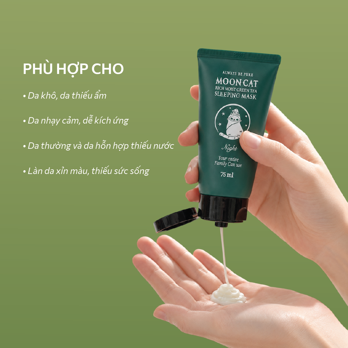 Mặt nạ ngủ dưỡng ẩm làm sáng da trà xanh Mooncat ALWAYS BE PURE 75ML